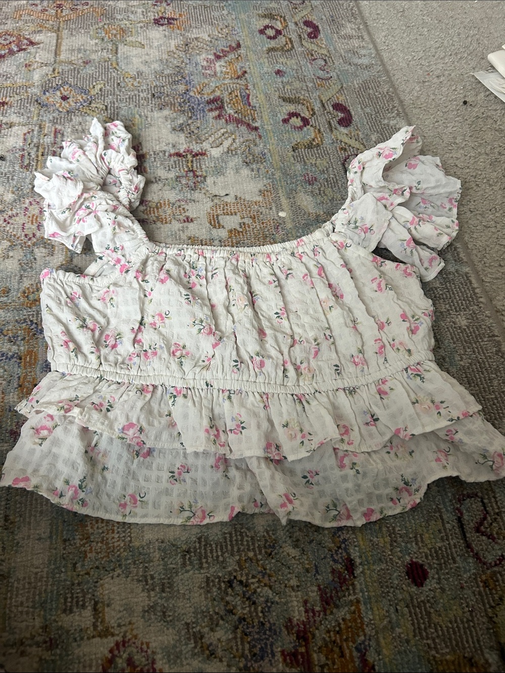 Altar'd State White Cropped Ruffle Floral Peasant Top with Pink Roses